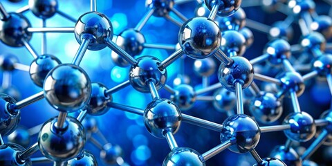 Metallic Blue Molecular Structure on Blue Bokeh Background