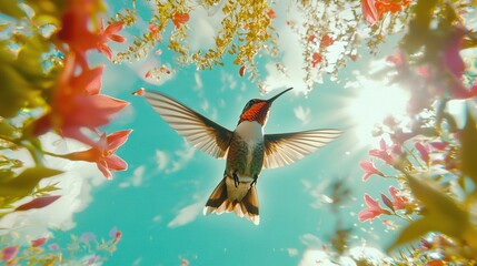   Hummingbird flying through the air with wings spread, pink flowers in foreground, bright blue sky background
