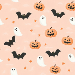 Playful Halloween Pattern Featuring Smiling Jack-o'-Lanterns, Cute Ghosts, and Black Bats on a Light Peach Background, Creating a Fun and Whimsical Atmosphere for the Festive Season pattern