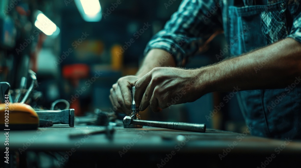 Poster close-up of a mechanic's hands working on a metal part