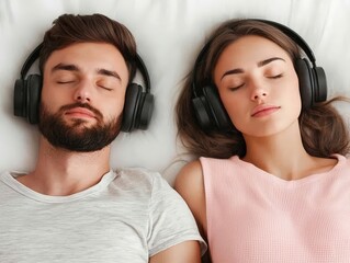 Partner sleeping with noise-canceling headphones to block out snoring, [snoring prevention], [sleep solution]