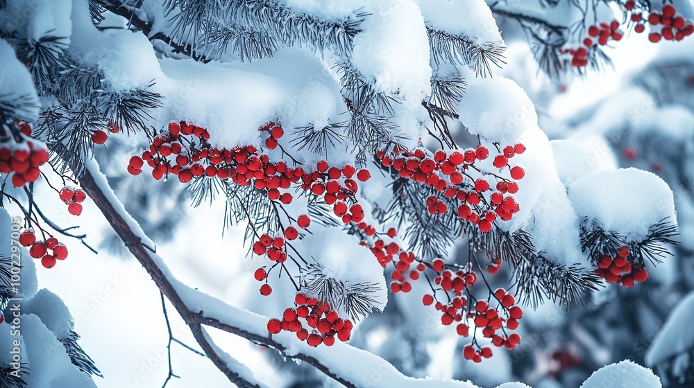 Poster a tree with snowy branches and red berries dangling from them