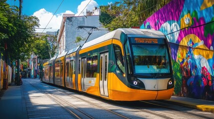 Naklejka premium A modern tram travels along a vibrant street with colorful murals.