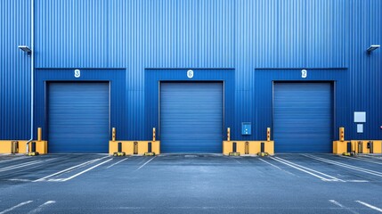 A vast blue warehouse with three large garage doors, clean and tidy industrial setting with no vehicles in sight.