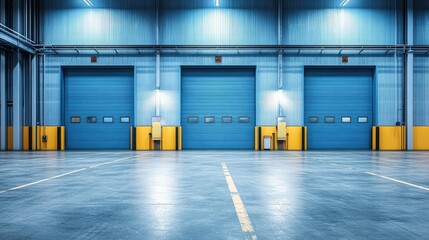 A vast blue warehouse with three large garage doors, clean and tidy industrial setting with no vehicles in sight.