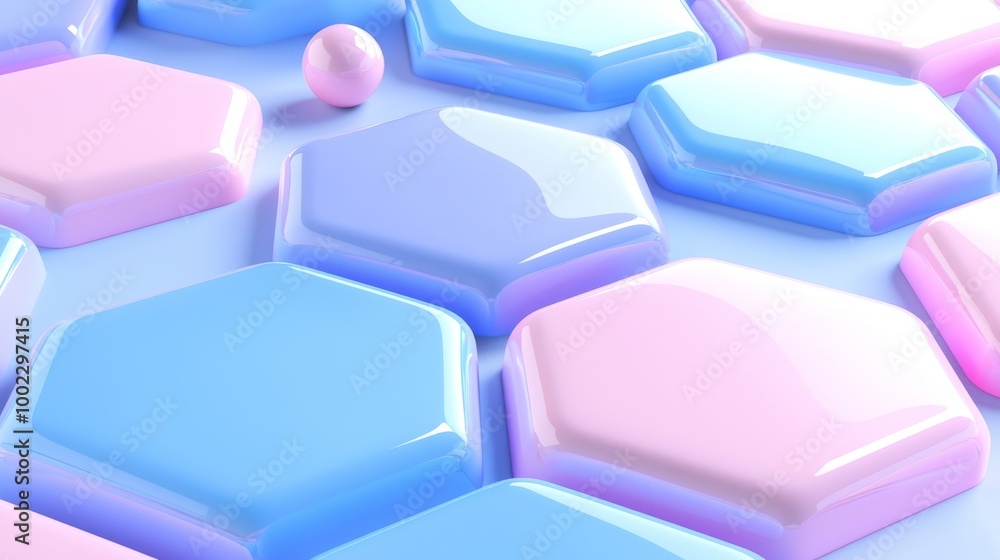 Poster an abstract hexagonal surface with a geometric pattern in multiple colors. 3d rendering.
