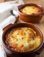 Close-up of a bowl of French onion soup.