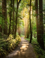 Fototapeta premium Sunbeams through forest trees