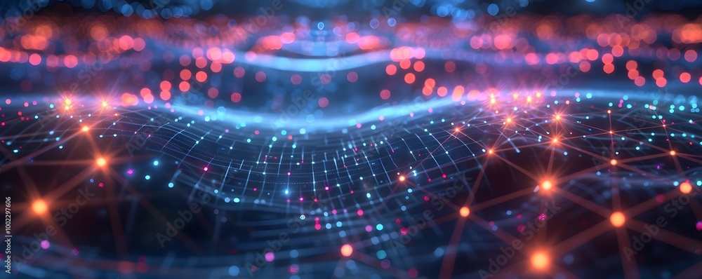 Poster glowing quantum internet network visualized with boosting nodes across vast distances