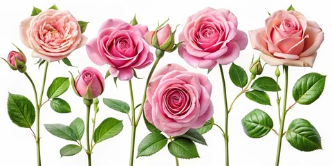 Naklejka premium Pink Roses and Buds in a Horizontal Row Against a White Background