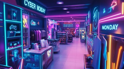 Fototapeta premium Neon-Lit Cyber Monday Store with Clothing Displays