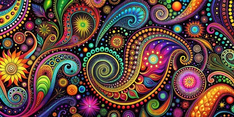 Psychedelic Paisley Pattern Vibrant Floral and Geometric Shapes on a Black Background