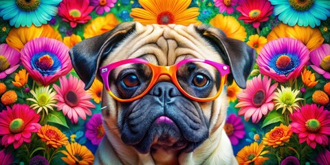 Obraz premium Pug in a Garden of Colorful Flowers with Quirky Glasses