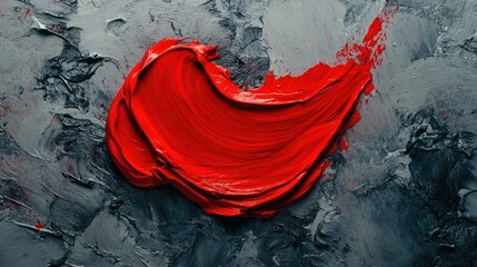 A vibrant red paint stroke placed in the center of a muted grey background with soft lighting.