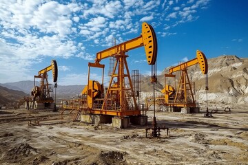 Desert Oil Rigs: Industrial Machines Pumping Petroleum Against a Clear Blue Sky