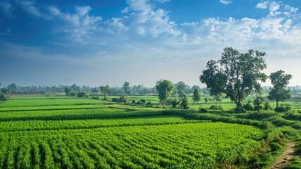 Naklejka premium Lush green fields under bright blue sky with scattered clouds