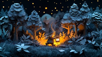 A magical gnome holding a lantern, walking through a nighttime forest with stars overhead, intricate paper-cut trees with detailed foliage,