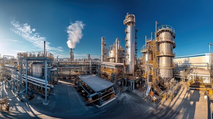A panoramic view of an industrial facility with large machinery and smoke emissions.