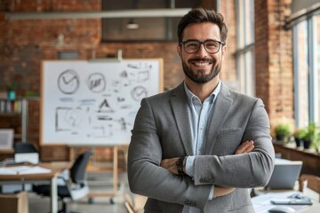 Fototapeta premium Confident Businessman Smiling in Office Setting