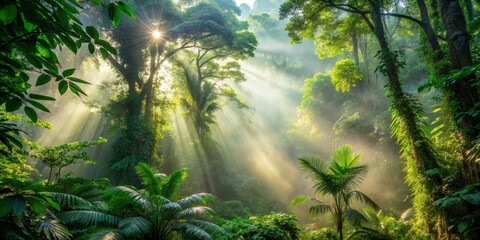 Obraz premium Sunbeams Filtering Through Lush Rainforest Canopy