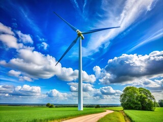 Obraz premium A blue wind turbine stands against a clear sky, symbolizing renewable energy within a modern sustainable landscape,