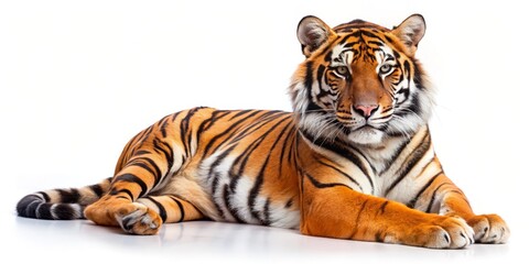 Fototapeta premium Tiger Portrait Laying Down, Front View, White Background