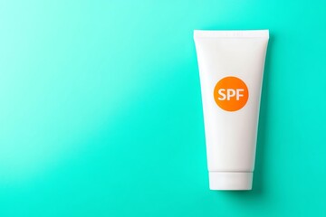 Sunscreen tube with SPF label on a vibrant teal background.