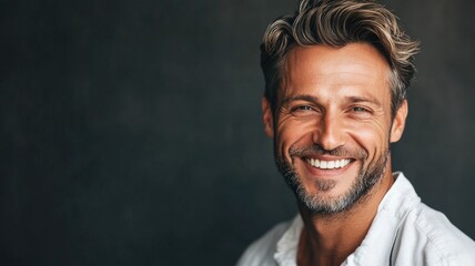 Obraz premium Smiling Caucasian man with wavy hair and beard