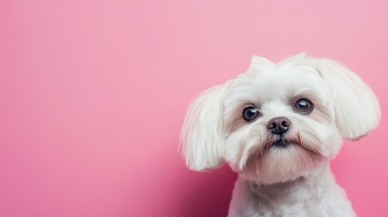 Small white dog with fluffy fur against pink background