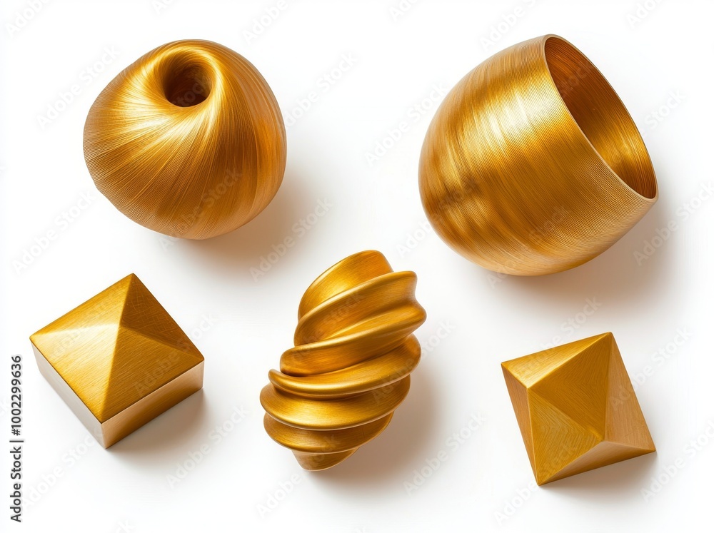 Poster a collection of geometric golden shapes in 3d. modern object set isolated on a transparent backgroun
