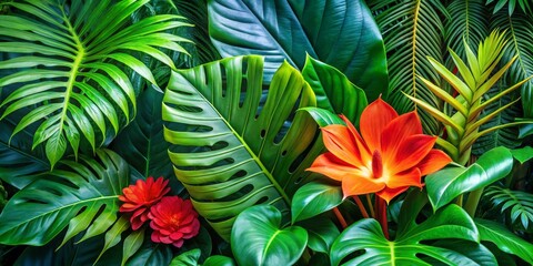Obraz premium Tropical Paradise A Lush Tapestry of Green Leaves and Vibrant Blooms
