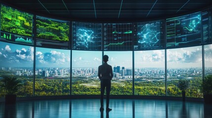 Fototapeta premium A climate change analyst studies real-time data in a futuristic control room with eco-friendly city views. Generative AI