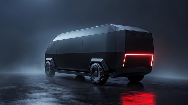 Futuristic black electric van with sleek design and red taillights, standing on a wet surface in a dark, moody environment.