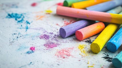 Fototapeta premium An assortment of colorful chalk sticks scattered across a blank white surface, displaying bright pastel hues and playful disarray.