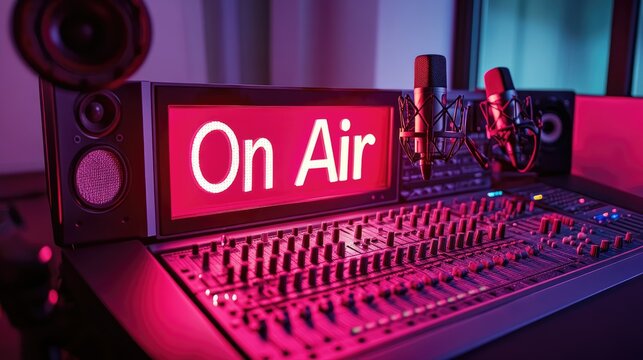 An active online radio studio with a glowing red "On Air" sign, microphones, and a console with mixing equipment.