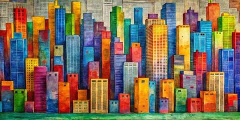 Obraz premium Watercolor Cityscape - Vibrant Towers Against a Grey Sky in a Geometric Composition