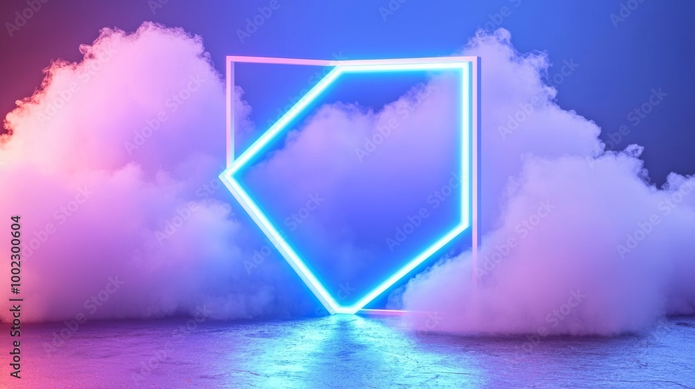 Poster a futuristic 3d rendering with neon geometric shapes and stormy clouds in the night sky. a rhombus f