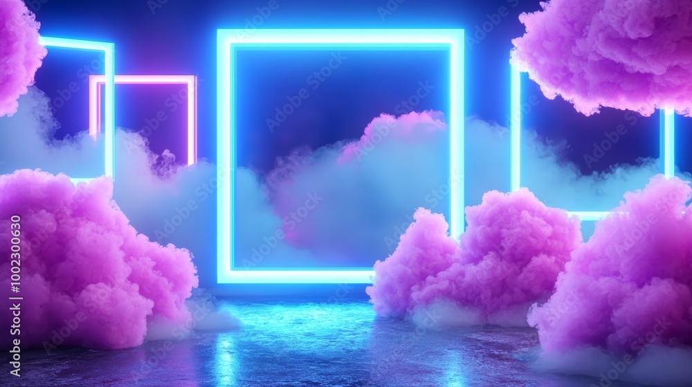 Poster this is a 3d rendering of an abstract futuristic background with neon geometric shapes and storm clo