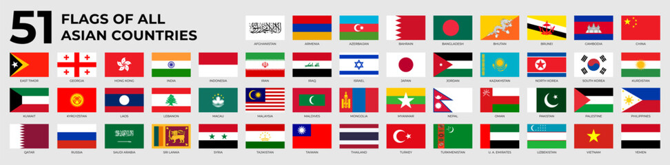 A set of rectangle flags of Asian countries in alphabetical order. Detailed national flags of Asian countries, including small states and partially Asian countries. Vector illustration © polgin
