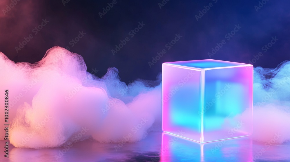 Poster rendering of pink blue neon background with glowing cloud and geometric shape of a cube