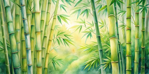 Fototapeta premium Watercolor Painting of a Lush Bamboo Forest with Sunlight Filtering Through the Leaves