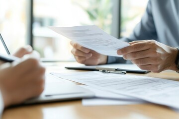 Close-up of Hands Reviewing Paperwork at a Desk