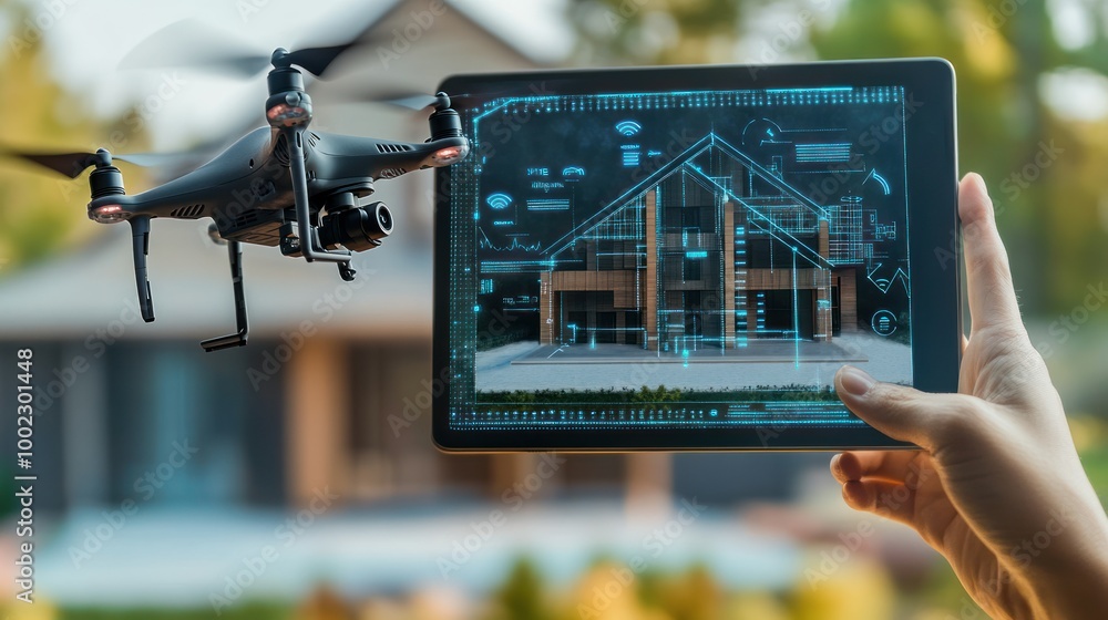 Poster Drone capturing a blueprint of a modern house on a tablet screen