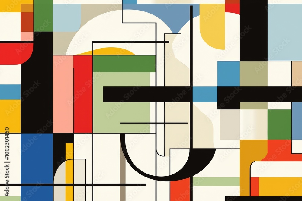 Poster the pattern features simple geometric shapes with basic colors.