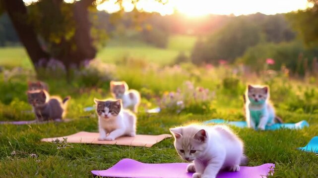Cute kittens playing in a sunny meadow during golden hour