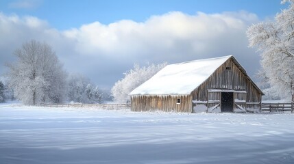 Snow-Covered Barn with Icicles and a Snowy Field