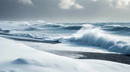 Obraz premium Powerful Waves Crashing on a Snowy Shoreline