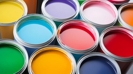High angle view of various open paint cans filled with vibrant colors, arranged neatly. Perfect for projects, decoration, and creativity.