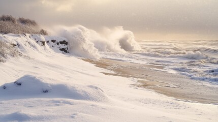 Obraz premium Winter Coastline with Crashing Waves and Snow-Covered Shore