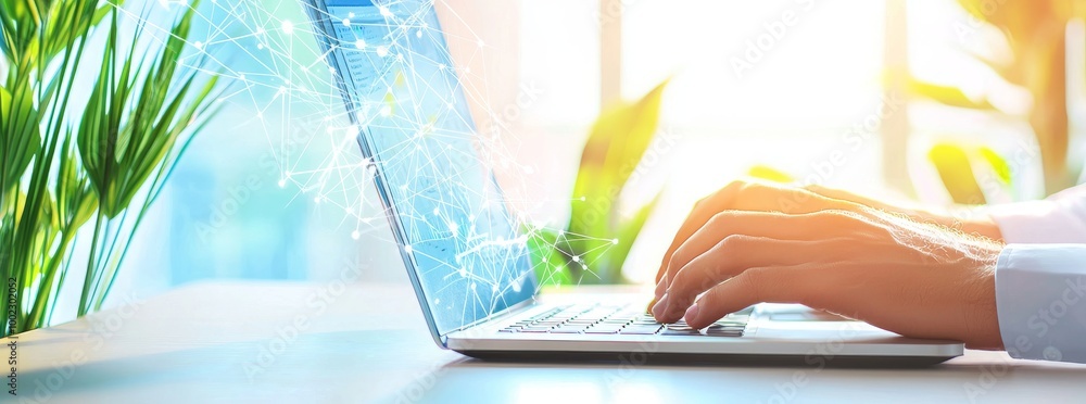 Poster an image of man surfing internet on modern computer connected to the internet. the image has been ge